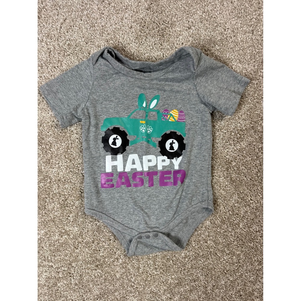 Unbranded Happy Easter Monster Truck Bunny Ears Gray Bodysuit Size 90 18-24M